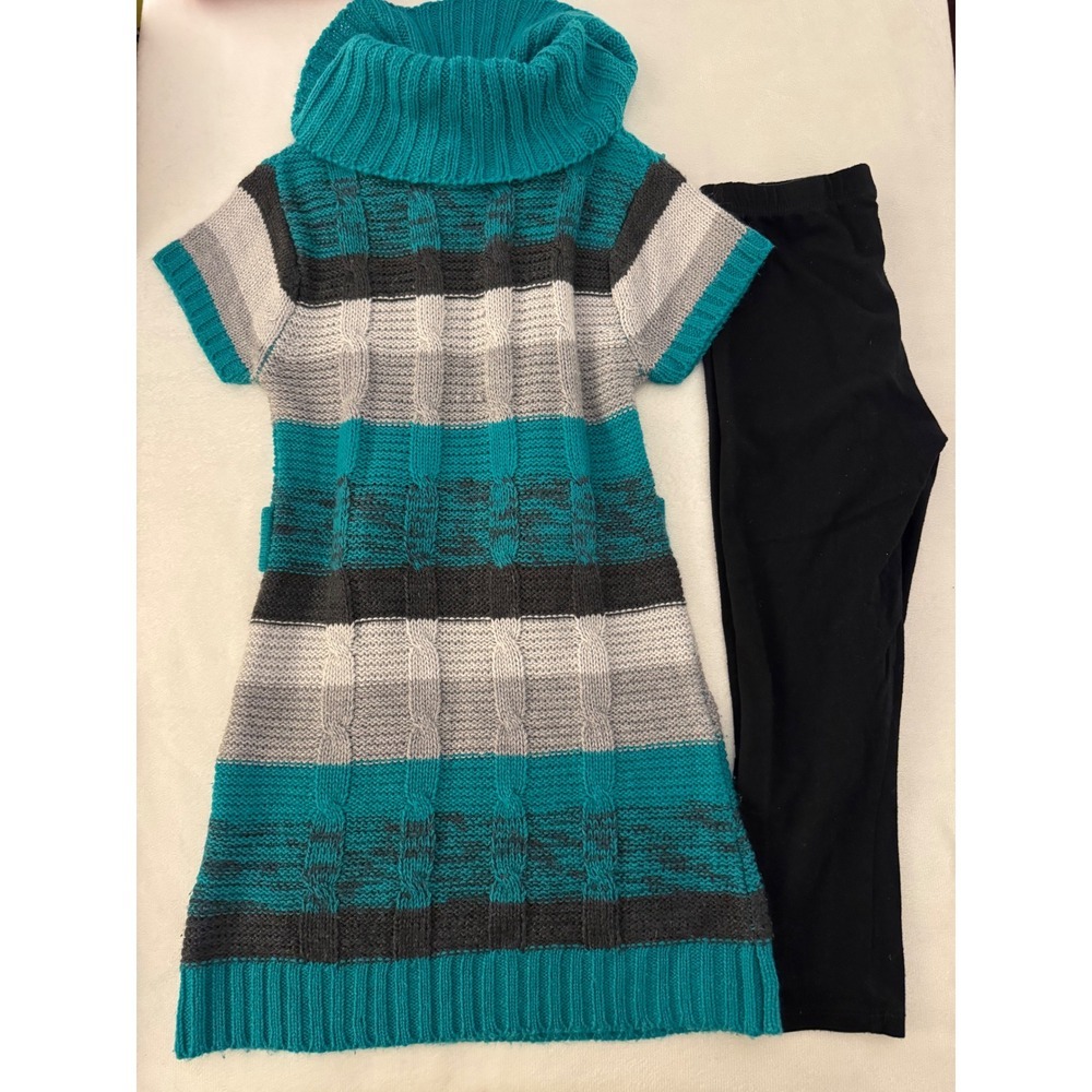 Y2K Star Ride Girls Teal Grey Striped Cable Knit Sweater Dress & Leggings Sz 5/6 - Picture 3 of 5